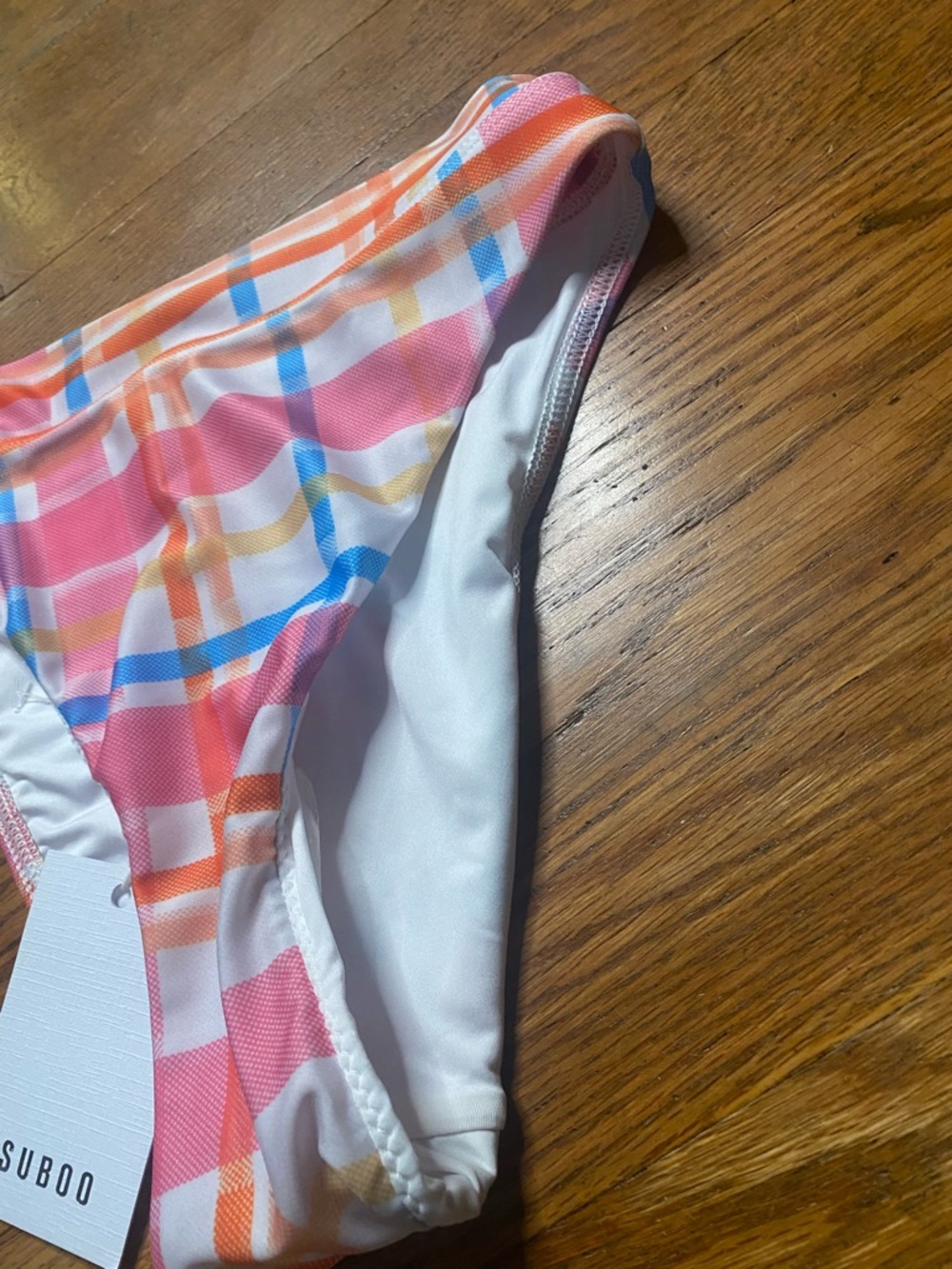 Suboo Brigitte High Cut Bikini Bottom XXS Plaid Pink Orange Blue NWT - Picture 4 of 7